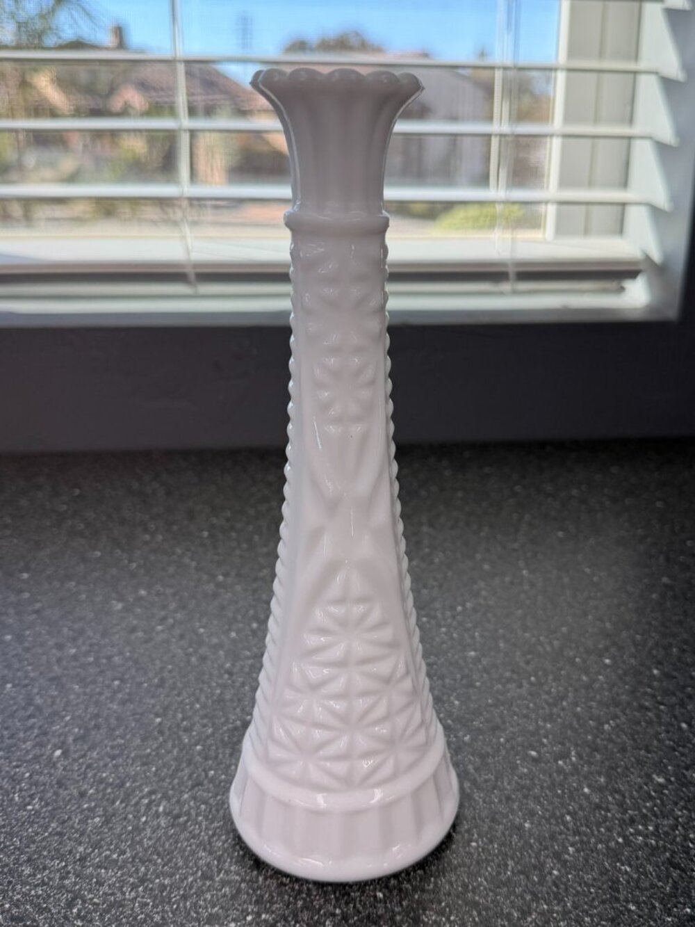Vintage White Milk Glass Bud Vase 9" Scalloped Rim Geometric Floral Design